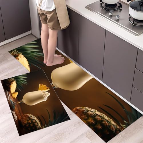 MLSOWM Küchenläufer 2 Stück 44x75cm+44x150cm, Küchenteppich Fruchtmilchshake Waschbar rutschfest Küchenmatten Saugfähig Ananas und Kokosnuss, Teppich Läufer Braun für Flur, Küche, Eingang von MLSOWM