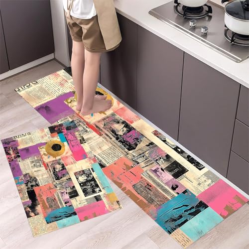 MLSOWM Küchenläufer 2 Stück 44x75cm+44x150cm, Küchenteppich Graffiti Alte Zeitung Waschbar rutschfest Küchenmatten Saugfähig Retro-Collage, Teppich Läufer Mehrfarbig für Flur, Küche, Eingang von MLSOWM