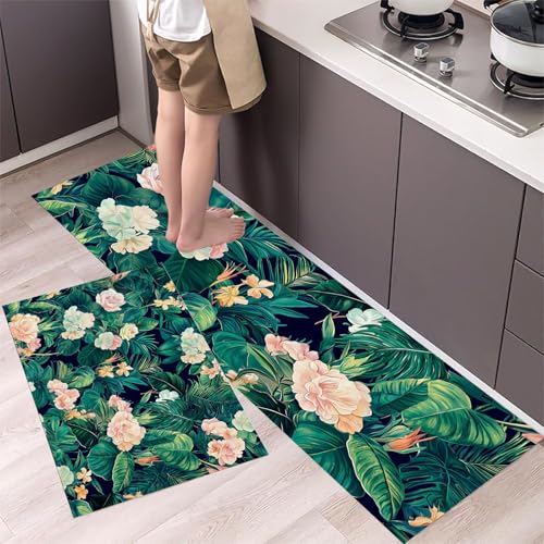 MLSOWM Küchenläufer Tropischer Garten – Küchenteppich mit Tropische Blumen Teppichläufer rutschfest Pflegeleicht Teppich Läufer für Küche, Flur, Eingangsbereich, Esszimmer 40x60cm+40x120cm Dunkelgrün von MLSOWM