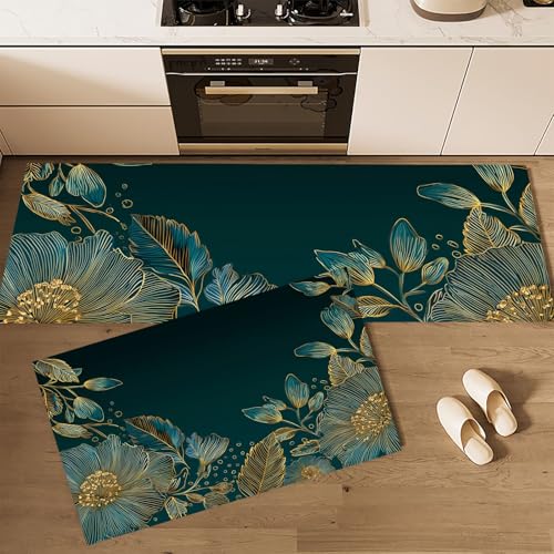 MLSOWM Küchenläufer rutschfest 2 Stück, Küchenteppich Abstrakte Blumengrenze Waschbar Küchenmatten Strichzeichnungen, Teppich Läufer Flur für Küche, Terrasse & Wohnraum, 40x60cm+40x120cm Dunkelgrün von MLSOWM