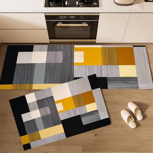 MLSOWM Küchenläufer rutschfest 2 Stück, Küchenteppich Geometrische Farbblöcke Waschbar KüchenmattenLiniengeometrie, Teppich Läufer Flur für Küche, Terrasse & Wohnraum, 43x75cm+43x150cm Grau von MLSOWM