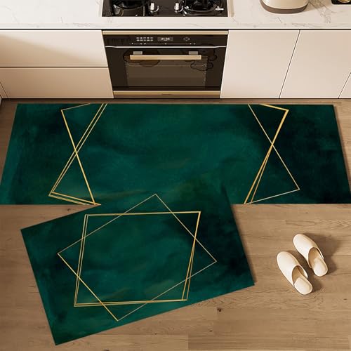 MLSOWM Küchenläufer rutschfest 2 Stück, Küchenteppich Geometrische Grenze Waschbar Küchenmatten Minimalismus, Teppich Läufer Flur für Küche, Terrasse & Wohnraum, 40x60cm+40x120cm Dunkelgrün von MLSOWM
