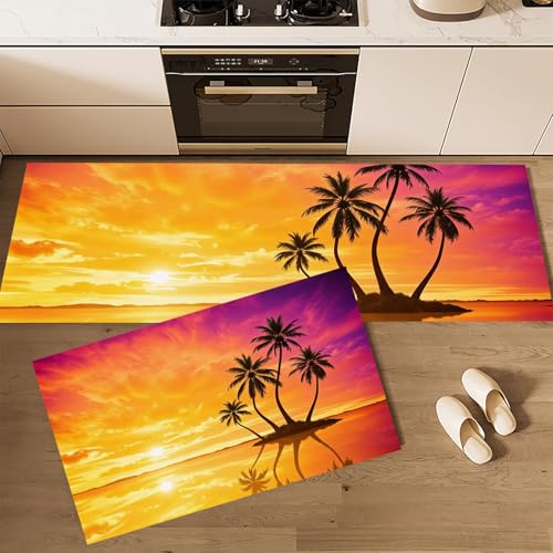 MLSOWM Küchenläufer rutschfest 2 Stück, Küchenteppich Küstenhorizont Waschbar Küchenmatten Tropischer Sonnenuntergang, Teppich Läufer Flur für Küche, Terrasse & Wohnraum, 43x75cm+43x150cm Orange von MLSOWM