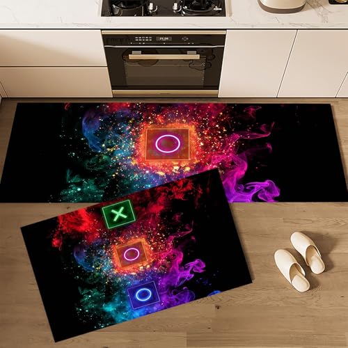 MLSOWM Küchenläufer rutschfest 2 Stück, Küchenteppich Quadratisches Symbol Waschbar KüchenmattenSpielelemente, Teppich Läufer Flur für Küche, Terrasse & Wohnraum, 40x60cm+40x120cm Schwarz von MLSOWM