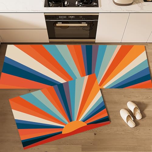 MLSOWM Küchenläufer rutschfest 2 Stück, Küchenteppich Sonnenstrahlen Waschbar KüchenmattenRetro-Sonnenuntergang, Teppich Läufer Flur für Küche, Terrasse & Wohnraum, 40x60cm+40x120cm Orange Farbe von MLSOWM