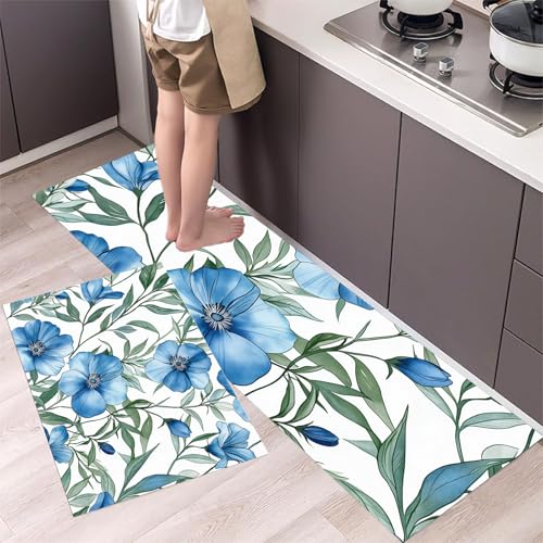 MLSOWM Küchenläufer rutschfest 2 Stück, Küchenteppich Waschbar Aquarellblumen, Küchenmatten Pflanzen Und Blumen, Teppich Läufer für Küche, Flur, Esszimmer 40x60cm+40x120cm, Dunkelblau von MLSOWM