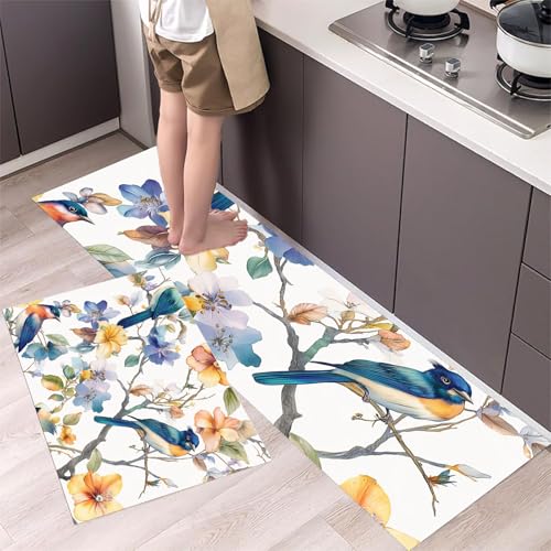 MLSOWM Küchenläufer rutschfest 2 Stück, Küchenteppich Waschbar Blumen und Vögel, Küchenmatten Retro-Blumen, Teppich Läufer für Küche, Flur, Esszimmer 40x60cm+40x120cm, Blau von MLSOWM