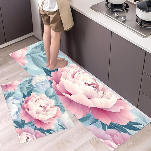 MLSOWM Küchenläufer rutschfest 2 Stück, Küchenteppich Waschbar Pfingstrosenblüten, Küchenmatten Aquarell Clipart, Teppich Läufer für Küche, Flur, Esszimmer 43x75cm+43x150cm, Rosa MLSOWM Küchenläufer rutschfest 2 Stück, Küchenteppich Waschbar Pfingstrosenblüten, Küchenmatten Aquarell Clipart, Teppich Läufer für Küche, Flur, Esszimmer 43x75cm+43x150cm, Rosa von MLSOWM