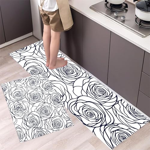 MLSOWM Küchenläufer rutschfest 2 Stück, Küchenteppich Waschbar Schöne Blumen, Küchenmatten Linie Blumen, Teppich Läufer für Küche, Flur, Esszimmer 40x60cm+40x120cm, Marineblau von MLSOWM