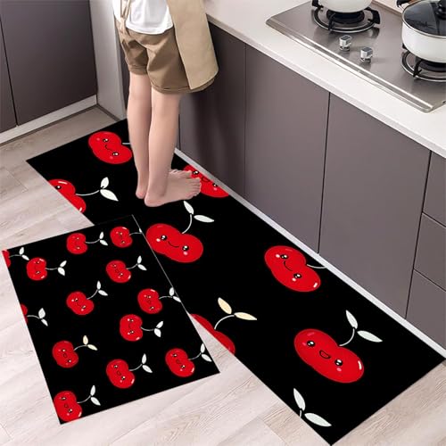 MLSOWM Küchenläufer rutschfest 2 Stück, Küchenteppich Waschbar Süße Kirsche, Küchenmatten Cartoon-Stil, Teppich Läufer für Küche, Flur, Esszimmer 43x75cm+43x120cm, Rot MLSOWM Küchenläufer rutschfest 2 Stück, Küchenteppich Waschbar Süße Kirsche, Küchenmatten Cartoon-Stil, Teppich Läufer für Küche, Flur, Esszimmer 43x75cm+43x120cm, Rot von MLSOWM