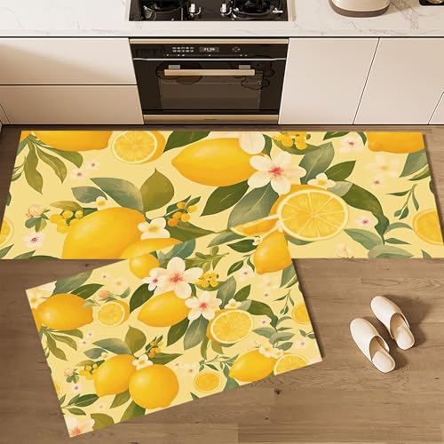 MLSOWM Küchenläufer rutschfest 2 Stück, Küchenteppich Zitronenblüte Waschbar KüchenmattenZitrusfrüchte, Teppich Läufer Flur für Küche, Terrasse & Wohnraum, 40x60cm+40x120cm Gelb von MLSOWM