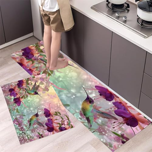 MLSOWM Küchenläufer rutschfest 3D Kolibri und Glitzerblumen, 2 Stück Küchenteppich Waschbar Tierwelt Teppich Küche Saugfähig Küchenmatten Läufer für Esszimmer, Flur (43x75cm+43x150cm, Lila) von MLSOWM