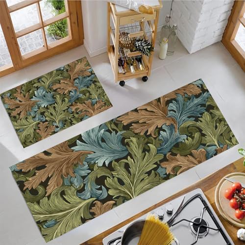 MLSOWM Küchenläufer rutschfest Akanthusblätter 2 Stück Landhausstil Küche Matte Set Waschbar Absorbierende Küche Teppiche, Läufer Teppiche für Flur, Wäscherei (43x75cm+43x150cm, Salbeigrün) von MLSOWM