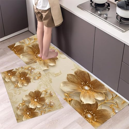 MLSOWM Küchenläufer rutschfest Goldene Blumen, 2 Stück Küchenteppich Waschbar 3D Blumen Teppich Küche Saugfähig Küchenmatten Läufer für Esszimmer, Flur (44x75cm+44x150cm, Gold) von MLSOWM