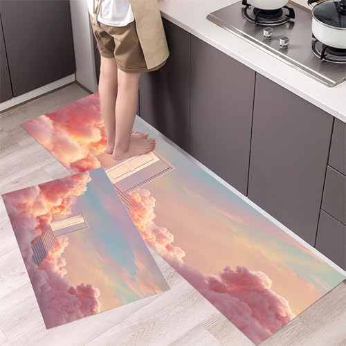 MLSOWM Küchenläufer rutschfest Himmelstor, 2 Stück Küchenteppich Waschbar Verträumte Wolken Teppich Küche Saugfähig Küchenmatten Läufer für Esszimmer, Flur (43x75cm+43x120cm, Rosa) von MLSOWM