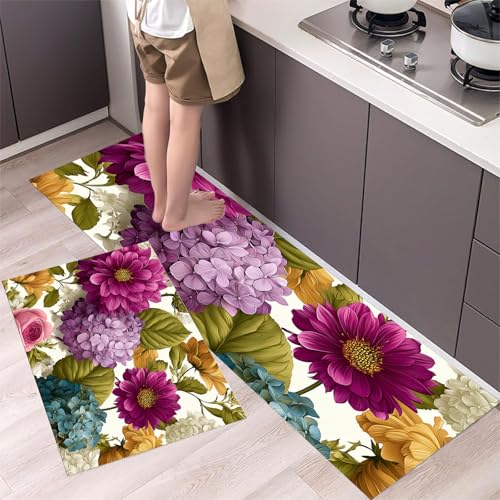 MLSOWM Küchenläufer rutschfest Hortensien Und Rosen, 2 Stück Küchenteppich Waschbar Exquisite Blumen Teppich Küche Saugfähig Küchenmatten Läufer für Esszimmer, Flur (43x75cm+43x120cm, Lila) von MLSOWM
