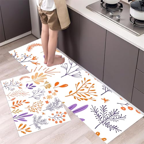 MLSOWM Küchenläufer rutschfest Kraut, 2 Stück Küchenteppich Waschbar Handgemalte Pflanzen und Blumen Teppich Küche Saugfähig Küchenmatten Läufer für Esszimmer, Flur (43x75cm+43x120cm, Lila) von MLSOWM
