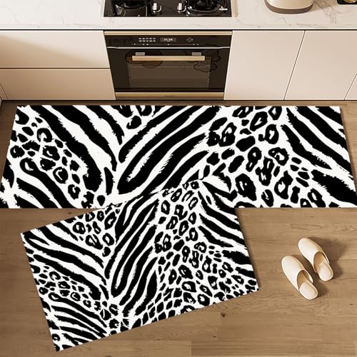 MLSOWM Küchenläufer rutschfest Leoparden- und Zebramuster 2 Stück Strichzeichnungen Küche Matte Set Waschbar Absorbierende Küche Teppiche, Läufer Teppiche (40x60cm+40x120cm, Schwarz und Weiß) von MLSOWM