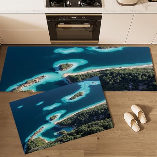 MLSOWM Küchenläufer rutschfest Luftaufnahme der Insel, 2 Stück Küchenteppich Waschbar Küstengebiete Teppich Küche Saugfähig Küchenmatten Läufer für Küche, Esszimmer, Flur (40x60cm+40x120cm, Grün) von MLSOWM
