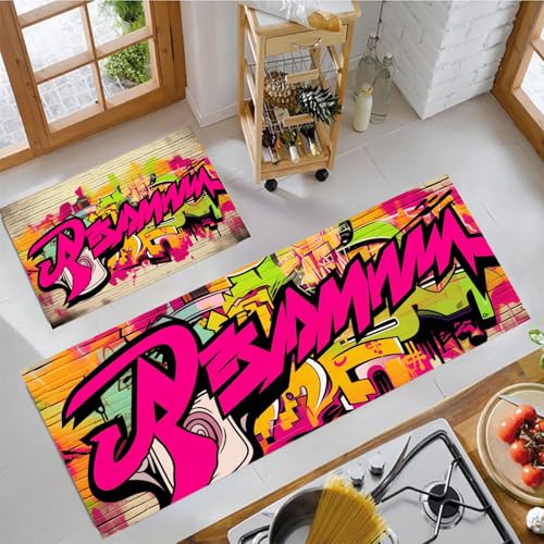 MLSOWM Küchenläufer rutschfest Musik Street Art, 2 Stück Küchenteppich Waschbar Graffiti-Stil Teppich Küche Saugfähig Küchenmatten Läufer für Küche, Esszimmer, Flur (44x75cm+44x150cm, Rosa) von MLSOWM