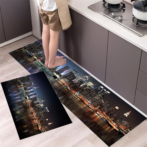 MLSOWM Küchenläufer rutschfest New Yorker Architektur, 2 Stück Küchenteppich Waschbar New Yorker Nachtszene Teppich Küche Saugfähig Küchenmatten Läufer für Esszimmer, Flur (43x75cm+43x120cm, Schwarz) von MLSOWM