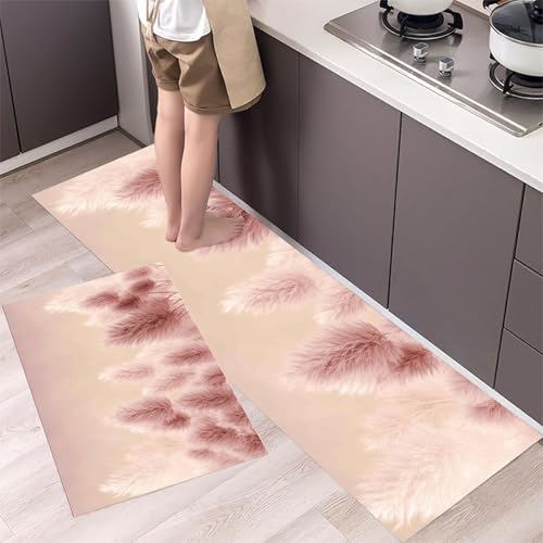 MLSOWM Küchenläufer rutschfest Pampasgras, 2 Stück Küchenteppich Waschbar Romantisches Thema Teppich Küche Saugfähig Küchenmatten Läufer für Esszimmer, Flur (43x75cm+43x120cm, Rosa) von MLSOWM