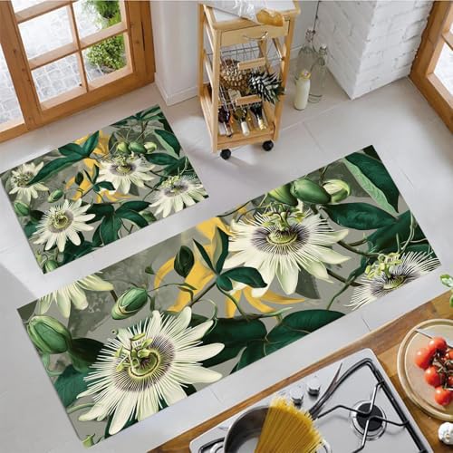 MLSOWM Küchenläufer rutschfest Passionsfrucht 2 Stück Pflanzen Und Blumen Küche Matte Set Waschbar Absorbierende Küche Teppiche, Läufer Teppiche für Flur, Wäscherei (43x75cm+43x150cm, Grün) von MLSOWM