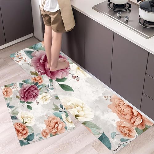MLSOWM Küchenläufer rutschfest Pfingstrose 2 Stück Retro-Blumen Küche Matte Set Waschbar Absorbierende Küche Teppiche, Läufer Teppiche für Flur, Wäscherei (40x60cm+40x120cm, Koralle) von MLSOWM