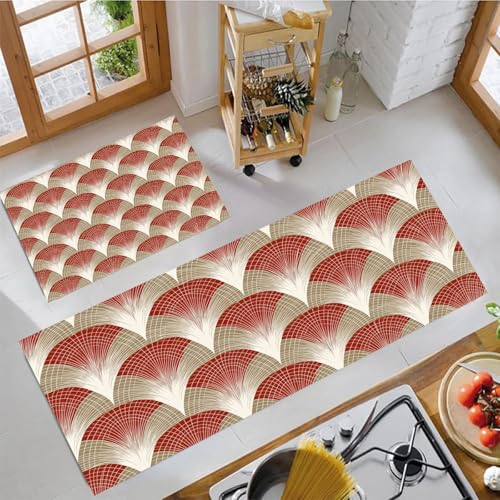 MLSOWM Küchenläufer rutschfest Sektorgeometrie, 2 Stück Küchenteppich Waschbar Art Deco Teppich Küche Saugfähig Küchenmatten Läufer für Küche, Esszimmer, Flur (43x75cm+43x120cm, Rot) von MLSOWM
