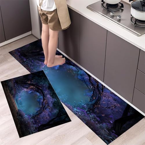 MLSOWM Küchenläufer rutschfest Traumportal, 2 Stück Küchenteppich Waschbar Zauberwald Teppich Küche Saugfähig Küchenmatten Läufer für Esszimmer, Flur (43x75cm+43x120cm, Lila) von MLSOWM