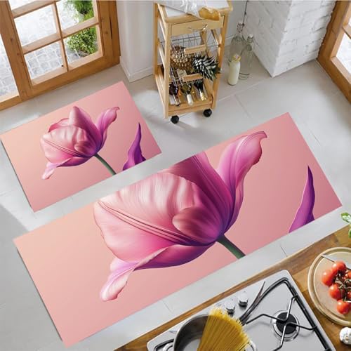 MLSOWM Küchenläufer rutschfest Tulpen, 2 Stück Küchenteppich Waschbar Einfache Blumen Teppich Küche Saugfähig Küchenmatten Läufer für Küche, Esszimmer, Flur (43x75cm+43x150cm, Rosa) von MLSOWM