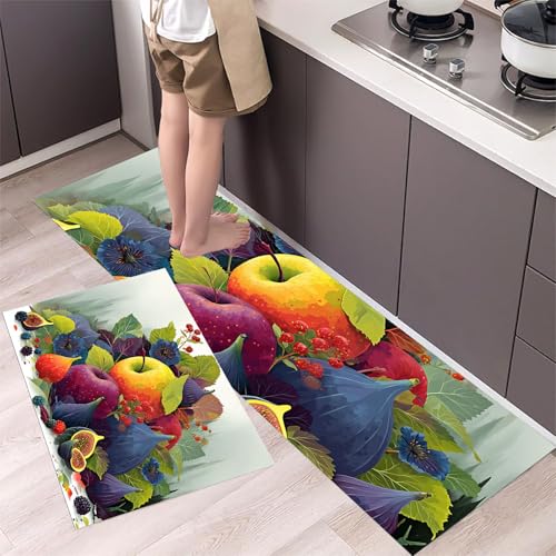 MLSOWM Küchenteppich 2 Stück Rutschfester Küchenläufer Äpfel und Feigen Flur Läuferset Frisches Obst Waschbare Küchenmatten-Sets für Küchenflur, Eingangsbereich und Esszimmer, Grün, 43x75cm+43x120cm von MLSOWM