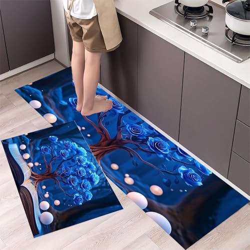 MLSOWM Küchenteppich 2 Stück Rutschfester Küchenläufer Blauer Rosenbaum 3D-Modell Flur Läuferset Zauberbuch Waschbare Küchenmatten-Sets für Küchenflur Esszimmer, Indigo, 43x75cm+43x150cm von MLSOWM