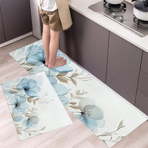 MLSOWM Küchenteppich 2 Stück Rutschfester Küchenläufer Blumenaquarelle Flur Läuferset Einfache Blumen Waschbare Küchenmatten-Sets für Küchenflur Esszimmer, Helles Himmelblau, 43x75cm+43x150cm MLSOWM Küchenteppich 2 Stück Rutschfester Küchenläufer Blumenaquarelle Flur Läuferset Einfache Blumen Waschbare Küchenmatten-Sets für Küchenflur Esszimmer, Helles Himmelblau, 43x75cm+43x150cm von MLSOWM