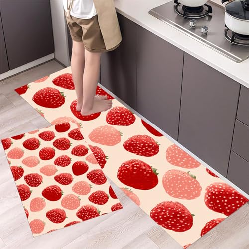 MLSOWM Küchenteppich 2 Stück Rutschfester Küchenläufer Erdbeere Flur Läuferset Flache Früchte Waschbare Küchenmatten-Sets für Küchenflur, Eingangsbereich und Esszimmer, Rot, 43x75cm+43x150cm von MLSOWM