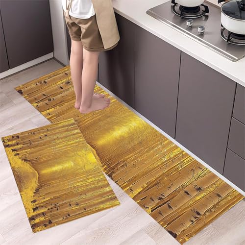 MLSOWM Küchenteppich 2 Stück Rutschfester Küchenläufer Goldene Wälder Flur Läuferset Pappelwald Waschbare Küchenmatten-Sets für Küchenflur, Eingangsbereich und Esszimmer, Goldgelb, 44x75cm+44x150cm von MLSOWM