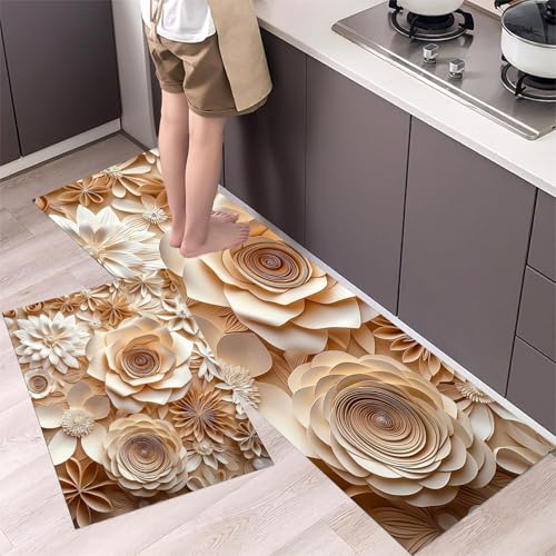 MLSOWM Küchenteppich 2 Stück Rutschfester Küchenläufer Rose Chrysantheme Flur LäufersetWeiße Papierblumen Waschbare Küchenmatten-Sets für Küchenflur Esszimmer, Cremefarben, 40x60cm+40x120cm von MLSOWM
