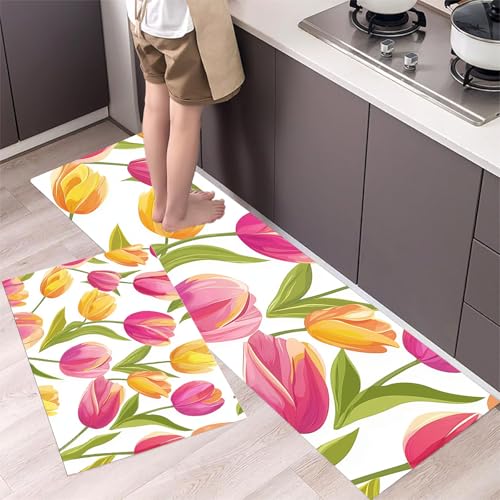 MLSOWM Küchenteppich 2 Stück Rutschfester Küchenläufer Tulpe Flur Läuferset Bunter Garten Waschbare Küchenmatten-Sets für Küchenflur, Eingangsbereich und Esszimmer, Rosa, 43x75cm+43x120cm von MLSOWM