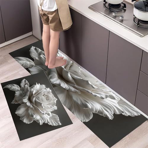 MLSOWM Küchenteppich 2 Stück Rutschfester Küchenläufer Weiße Rose Flur Läuferset Gipsblumen Waschbare Küchenmatten-Sets für Küchenflur, Eingangsbereich und Esszimmer, Dunkelgrau, 44x75cm+44x150cm von MLSOWM