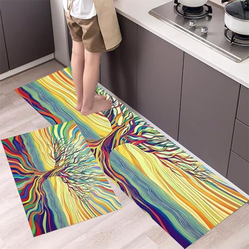 MLSOWM Küchenteppich 2 Stück Rutschfester Küchenläufer Wellenbaum Flur Läuferset Dichte Äste Waschbare Küchenmatten-Sets für Küchenflur, Eingangsbereich und Esszimmer, Blaugrün, 40x60cm+40x120cm von MLSOWM
