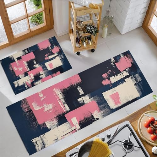 MLSOWM Küchenteppich Abstraktes Rechteck 2 Stück, Teppich Küche Waschbar rutschfest, Küchenläufer Shabby-Stil Teppichläufer Flur, Teppich Läufer für Küche, Flur (40x60cm+40x120cm, Rosa) von MLSOWM