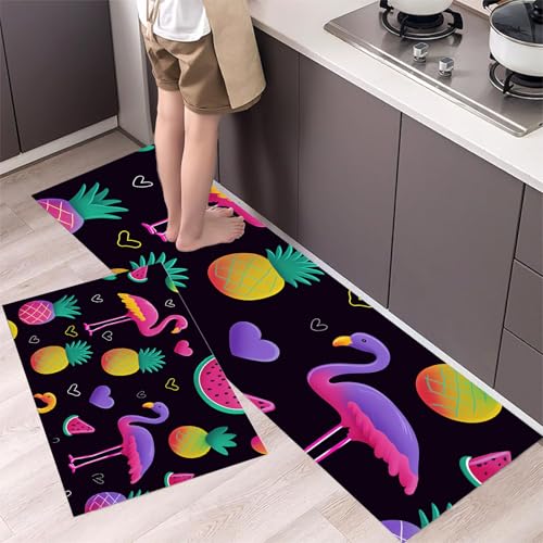 MLSOWM Küchenteppich Ananas Und Wassermelone 2 Stück, Teppich Küche Waschbar rutschfest, Küchenläufer Flamingo Teppichläufer Flur, Teppich Läufer für Küche, Flur (40x60cm+40x120cm, Lila) von MLSOWM
