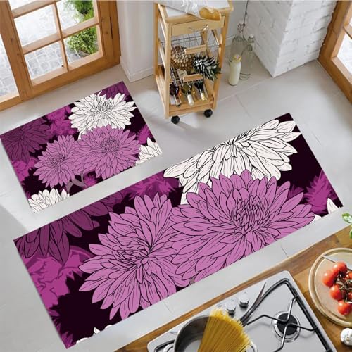 MLSOWM Küchenteppich Chrysantheme 2 Stück, Teppich Küche Waschbar rutschfest, Küchenläufer Linie Blumen Teppichläufer Flur, Teppich Läufer für Küche, Flur (44x75cm+44x150cm, Lila) von MLSOWM