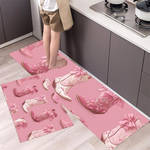 MLSOWM Küchenteppich Cowboystiefel mit Schleife 2 Stück, Teppich Küche Waschbar rutschfest, Küchenläufer Kawaii-Stil Teppichläufer Flur, Teppich Läufer für Küche, Flur (40x60cm+40x120cm, Rosa) von MLSOWM