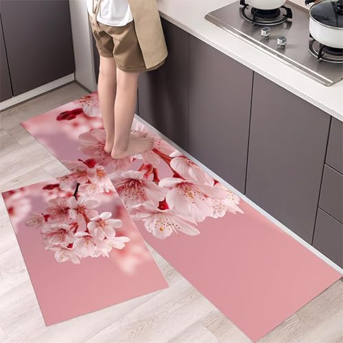 MLSOWM Küchenteppich Fallende Kirschblüten 2 Stück, Teppich Küche Waschbar rutschfest, Küchenläufer Pflanzen und Blumen Teppichläufer Flur, Teppich Läufer für Küche, Flur (43x75cm+43x120cm, Rosa) von MLSOWM