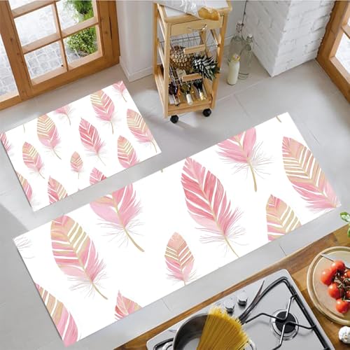 MLSOWM Küchenteppich Fantasiefedern 2 Stück, Teppich Küche Waschbar rutschfest, Küchenläufer Bohème-Stil Teppichläufer Flur, Teppich Läufer für Küche, Flur (43x75cm+43x150cm, Rosa) von MLSOWM