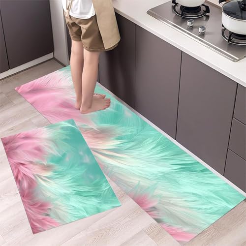 MLSOWM Küchenteppich Federtextur 2 Stück, Teppich Küche Waschbar rutschfest, Küchenläufer Abstraktes Haar Teppichläufer Flur, Teppich Läufer für Küche, Flur (43x75cm+43x120cm, Rosa) von MLSOWM