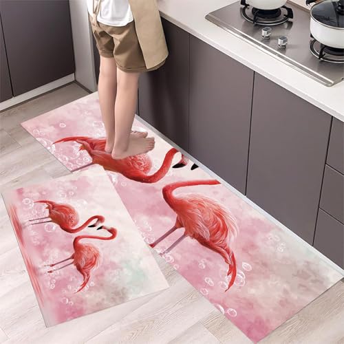 MLSOWM Küchenteppich Flamingo-Paar 2 Stück, Teppich Küche Waschbar rutschfest, Küchenläufer Romantisches Thema Teppichläufer Flur, Teppich Läufer für Küche, Flur (44x75cm+44x150cm, Hellrosa) von MLSOWM