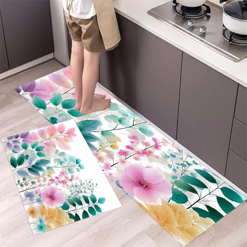MLSOWM Küchenteppich Frühlingsblätter Und Blumen 2 Stück, Teppich Küche Waschbar rutschfest, Küchenläufer Aquarellgarten Teppichläufer Flur, Teppich Läufer für Küche, Flur (44x75cm+44x150cm, Rosa) MLSOWM Küchenteppich Frühlingsblätter Und Blumen 2 Stück, Teppich Küche Waschbar rutschfest, Küchenläufer Aquarellgarten Teppichläufer Flur, Teppich Läufer für Küche, Flur (44x75cm+44x150cm, Rosa) von MLSOWM