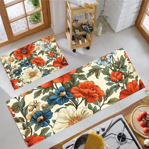 MLSOWM Küchenteppich Nostalgische Pfingstrose 2 Stück, Teppich Küche Waschbar rutschfest, Küchenläufer Retro-Blumen Teppichläufer Flur, Teppich Läufer für Küche, Flur (44x75cm+44x150cm, Rot) von MLSOWM